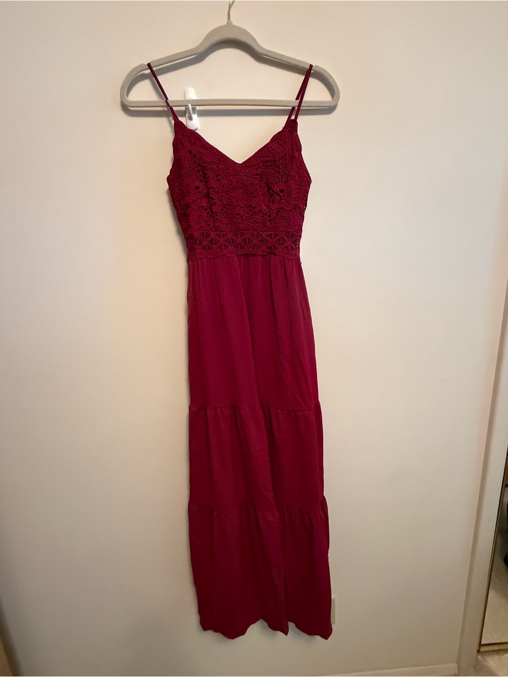 Lace-Detail Spaghetti Strap Maxi Dress in Deep Berry
